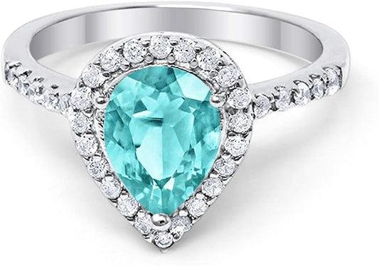 Halo Teardrop Filigree Ring Simulated Paraiba Tourmaline CZ