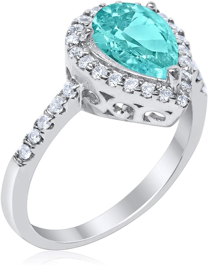 Halo Teardrop Filigree Ring Simulated Paraiba Tourmaline CZ