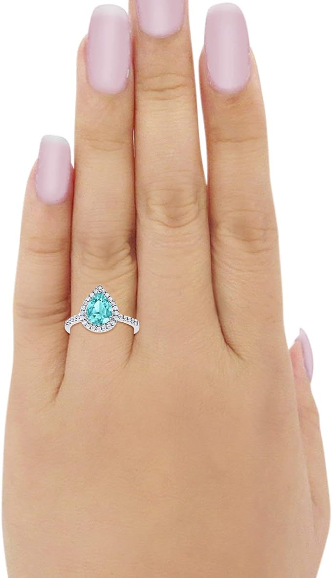 Halo Teardrop Filigree Ring Simulated Paraiba Tourmaline CZ