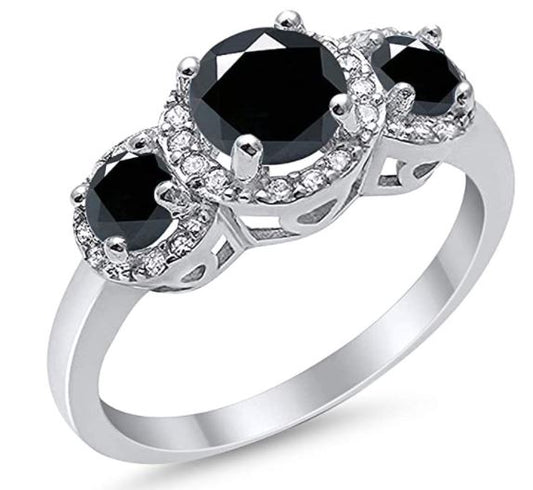 Three Stone Simulated Black CZ Wedding Ring