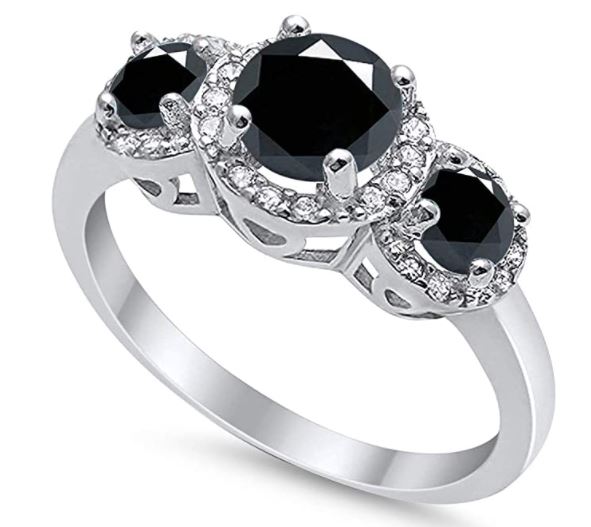 Three Stone Simulated Black CZ Wedding Ring