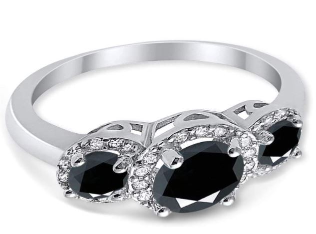 Three Stone Simulated Black CZ Wedding Ring