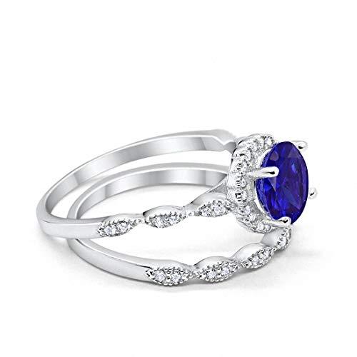 Two Piece Halo Round Simulated Blue Sapphire CZ Wedding Ring