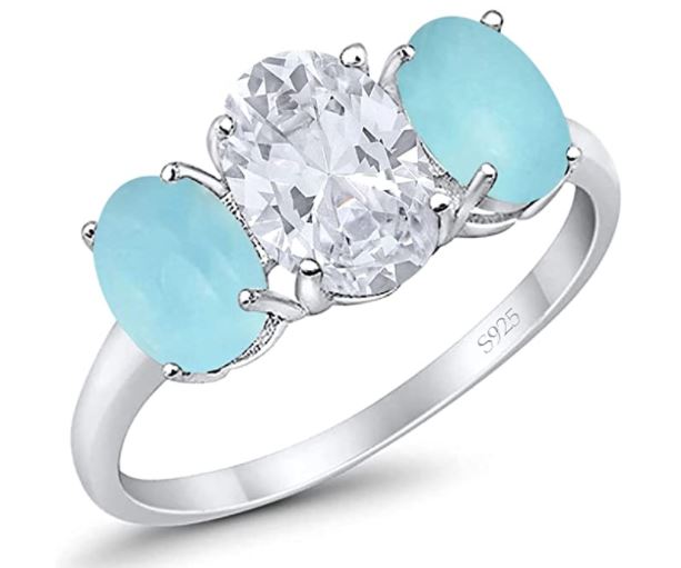 3-Stone Oval Simulated Larimar Center Stone Clear CZ Fashion Ring