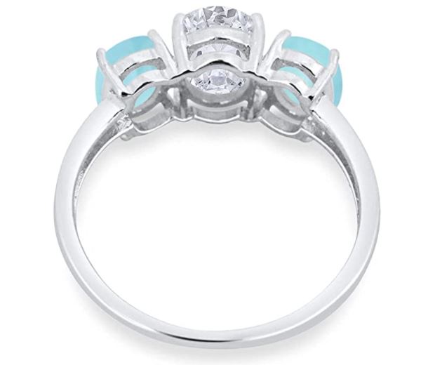 3-Stone Oval Simulated Larimar Center Stone Clear CZ Fashion Ring