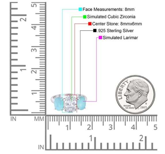 3-Stone Oval Simulated Larimar Center Stone Clear CZ Fashion Ring
