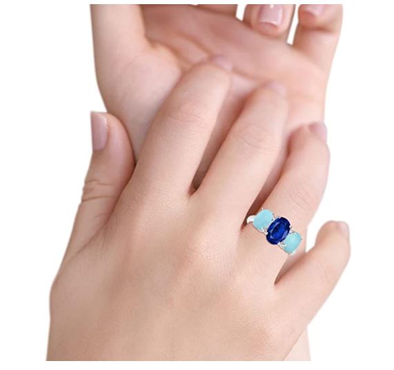 3-Stone Oval Simulated Larimar Center Stone Blue Sapphire Fashion Ring