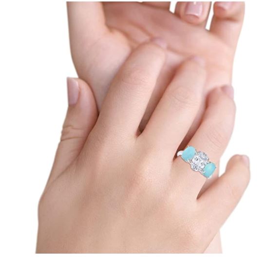 3-Stone Oval Simulated Larimar Center Stone Clear CZ Fashion Ring