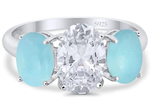 3-Stone Oval Simulated Larimar Center Stone Clear CZ Fashion Ring