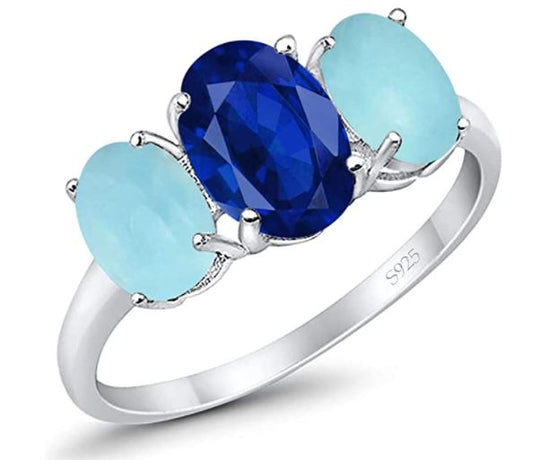 3-Stone Oval Simulated Larimar Center Stone Blue Sapphire Fashion Ring