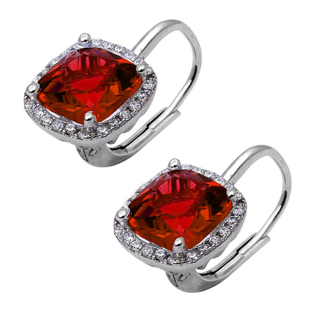 Cushion Halo Leverback Earrings Round Simulated Garnet CZ