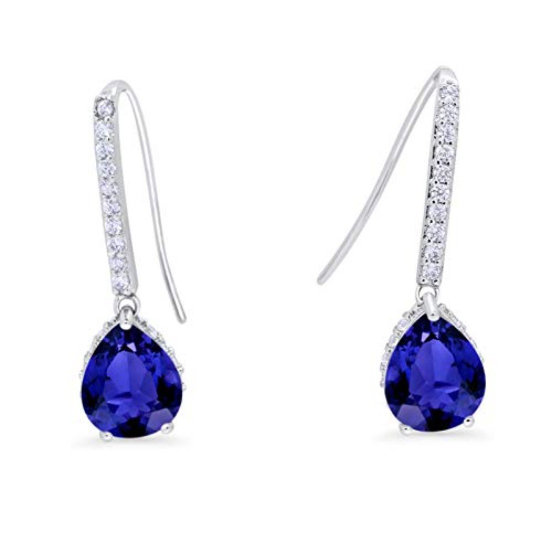 Teardrop Pear Dangling Fish Hook Earrings Simulated Blue Sapphire CZ Bridesmaid