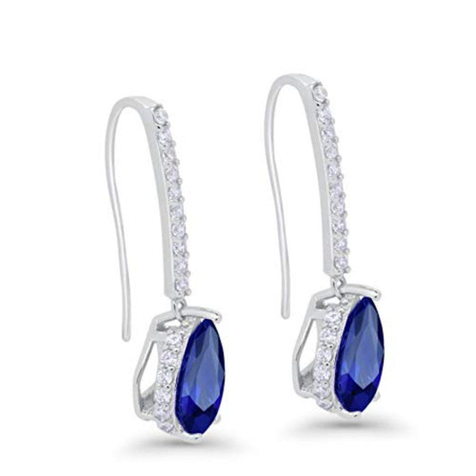 Teardrop Pear Dangling Fish Hook Earrings Simulated Blue Sapphire CZ Bridesmaid