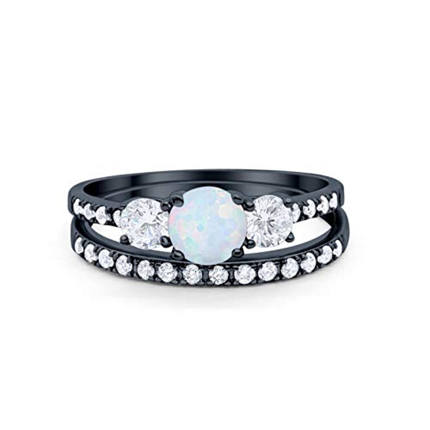 3 Stone Round Black Tone Lab Created White Opal Wedding Bridal Piece Ring