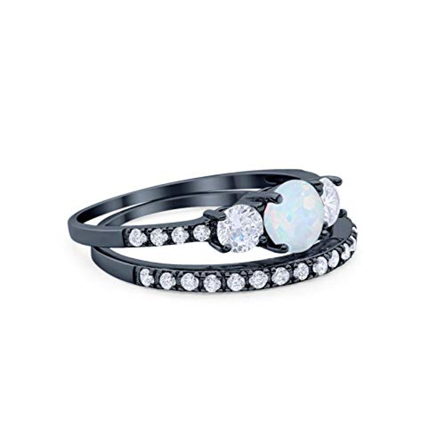 3 Stone Round Black Tone Lab Created White Opal Wedding Bridal Piece Ring