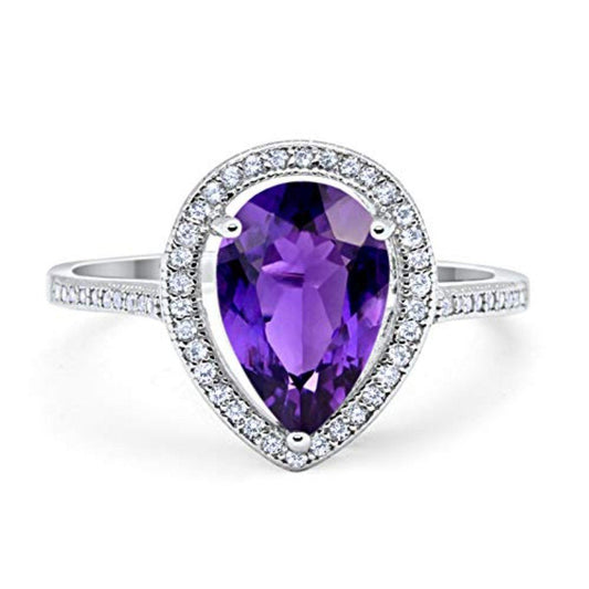 Halo Teardrop Pear Shape Simulated Amethyst CZ Ring