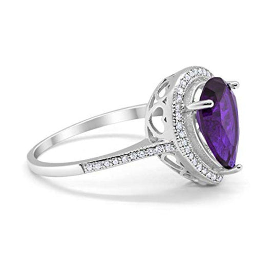 Halo Teardrop Pear Shape Simulated Amethyst CZ Ring