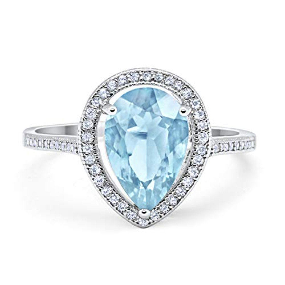 Halo Teardrop Pear Shape Aquamarine CZ Ring