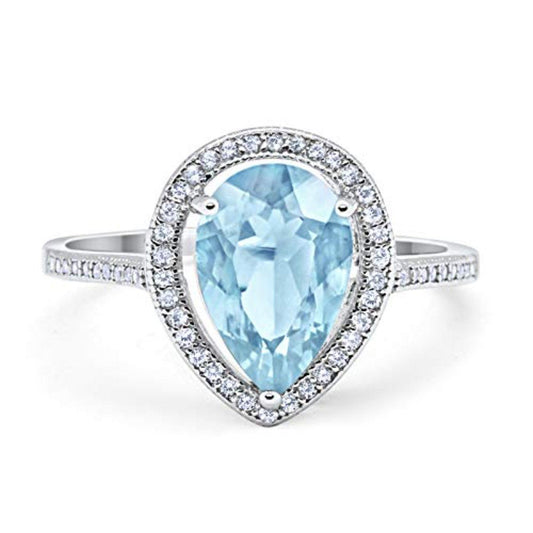 Halo Teardrop Pear Shape Simulated Aquamarine CZ Ring