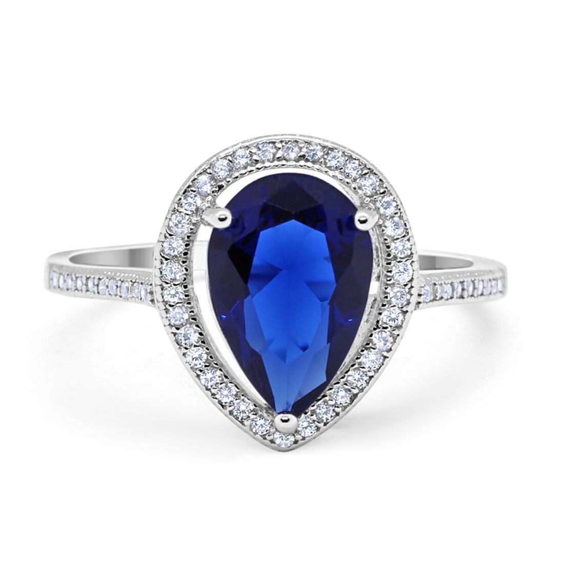 Halo Teardrop Pear Shape Blue Sapphire CZ Ring