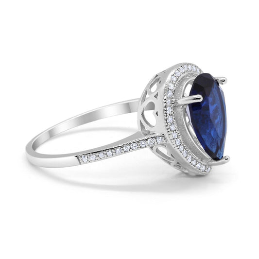 Halo Teardrop Pear Shape Blue Sapphire CZ Ring