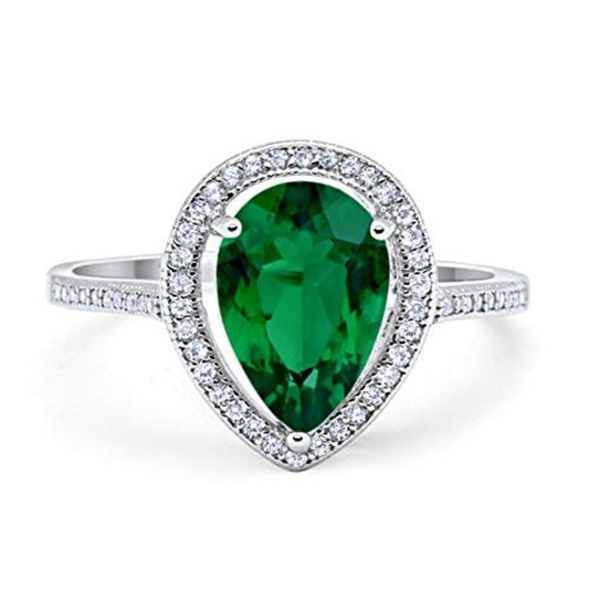 Halo Teardrop Pear Shape Simulated Green Emerald CZ Ring