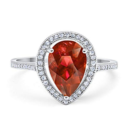 Halo Teardrop Pear Shape Simulated Garnet CZ Ring