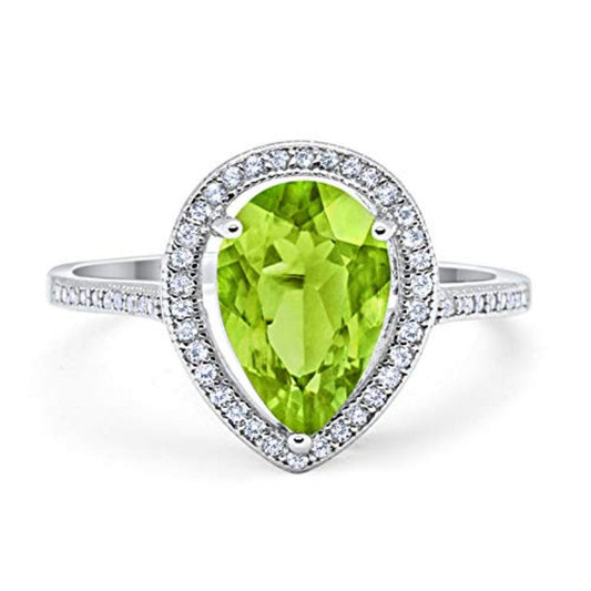 Halo Teardrop Pear Shape Simulated Peridot CZ Ring