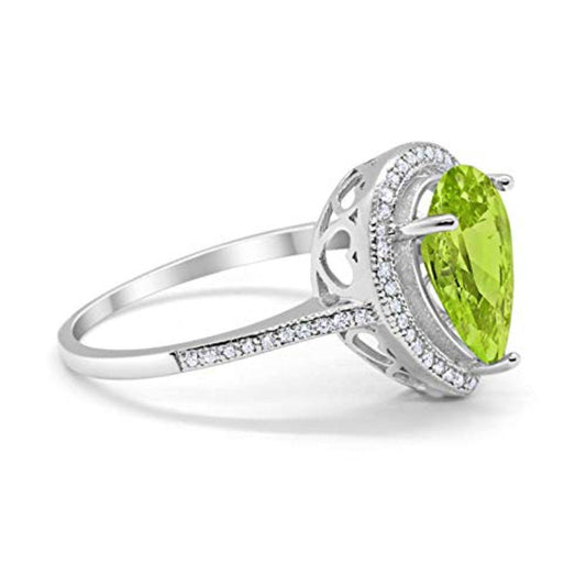 Halo Teardrop Pear Shape Simulated Peridot CZ Ring