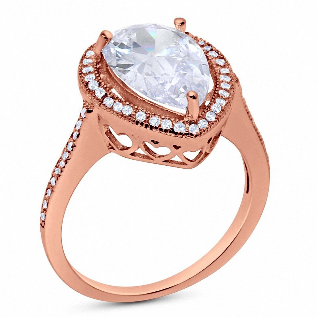 Halo Teardrop Pear Shape Rose Tone CZ Ring