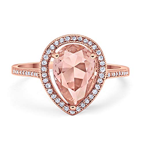 Pear Rose Tone Morganite CZ Halo Teardrop Bridal Ring