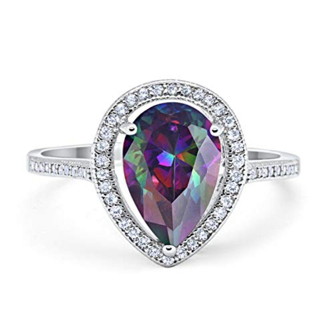 Halo Teardrop Pear Shape Simulated Rainbow CZ Ring