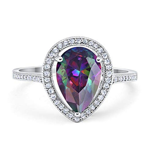 Halo Teardrop Pear Shape Simulated Rainbow CZ Ring