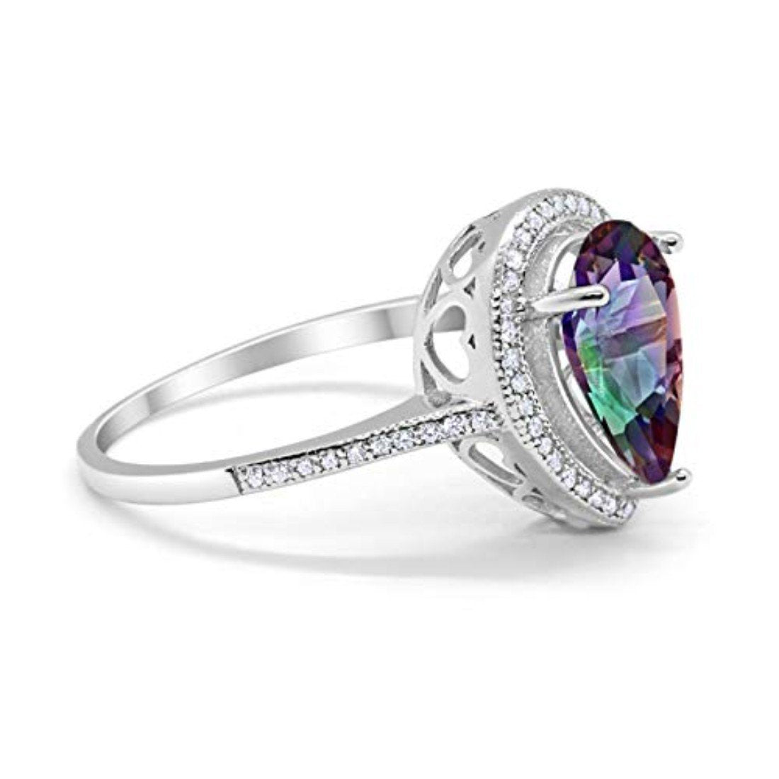 Halo Teardrop Pear Shape Simulated Rainbow CZ Ring