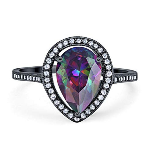 Halo Teardrop Pear Shape Black Tone Rainbow CZ Ring