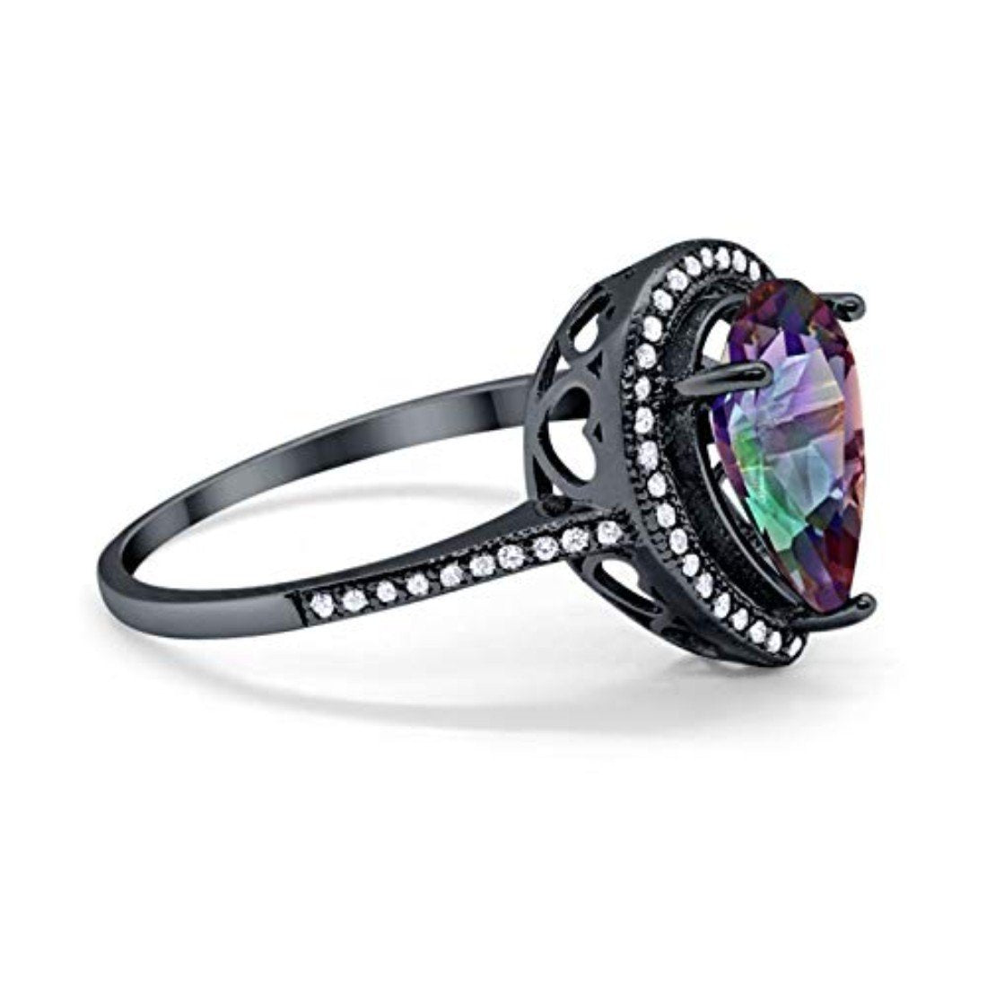 Halo Teardrop Pear Shape Black Tone Rainbow CZ Ring