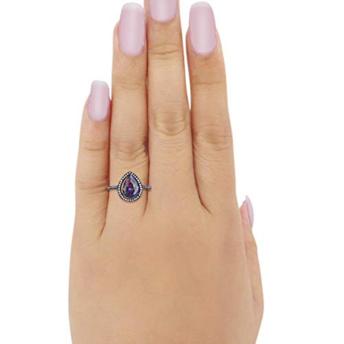 Halo Teardrop Pear Shape Black Tone Rainbow CZ Ring