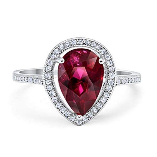 Halo Teardrop Pear Shape Simulated Ruby CZ Ring