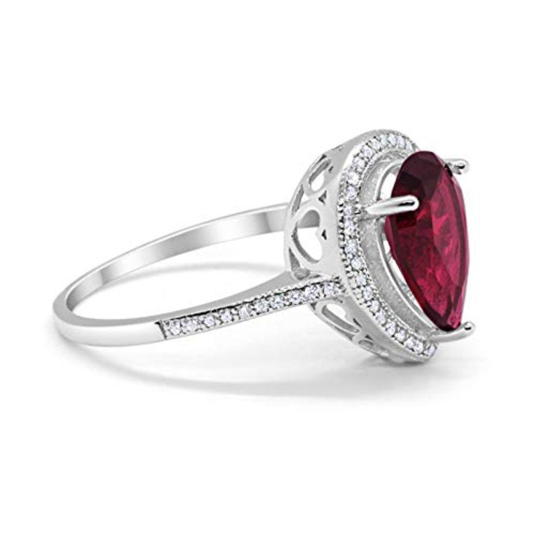 Halo Teardrop Pear Shape Simulated Ruby CZ Ring