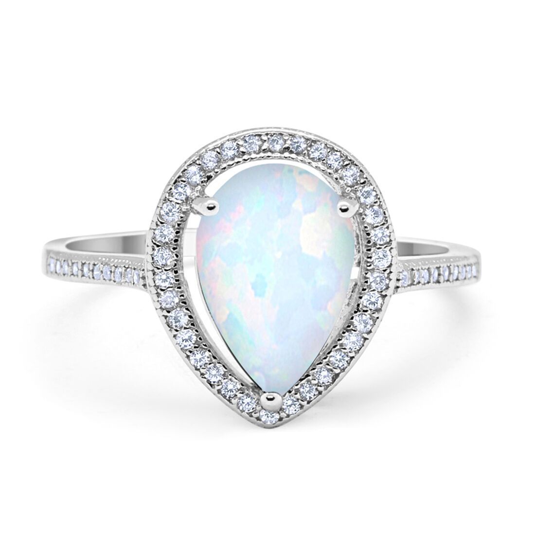 Halo Teardrop Pear Shape Lab Created White Opal Ring