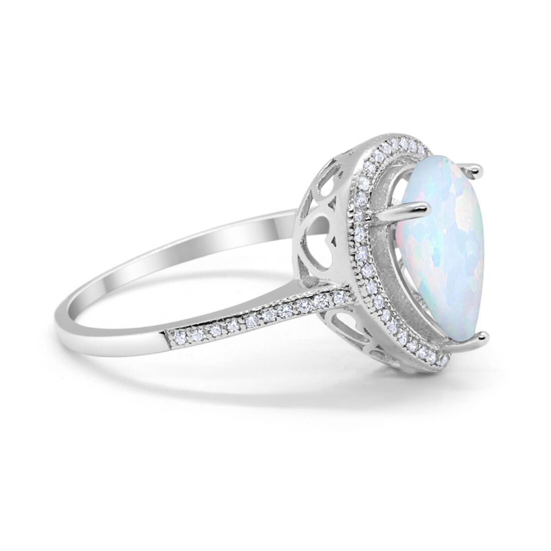 Halo Teardrop Pear Shape Lab Created White Opal Ring