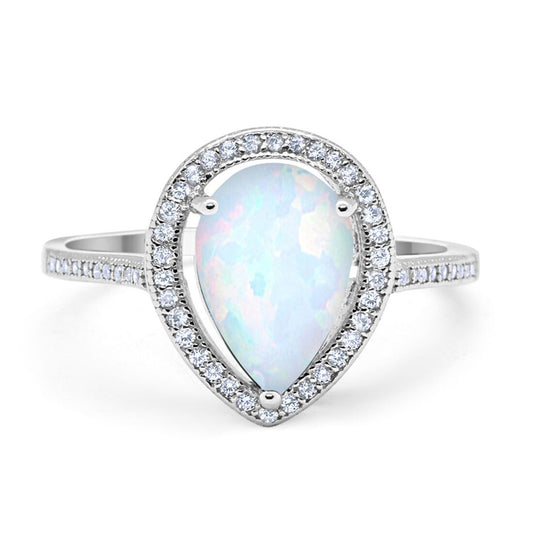 Halo Teardrop Pear Shape Lab Created White Opal Ring