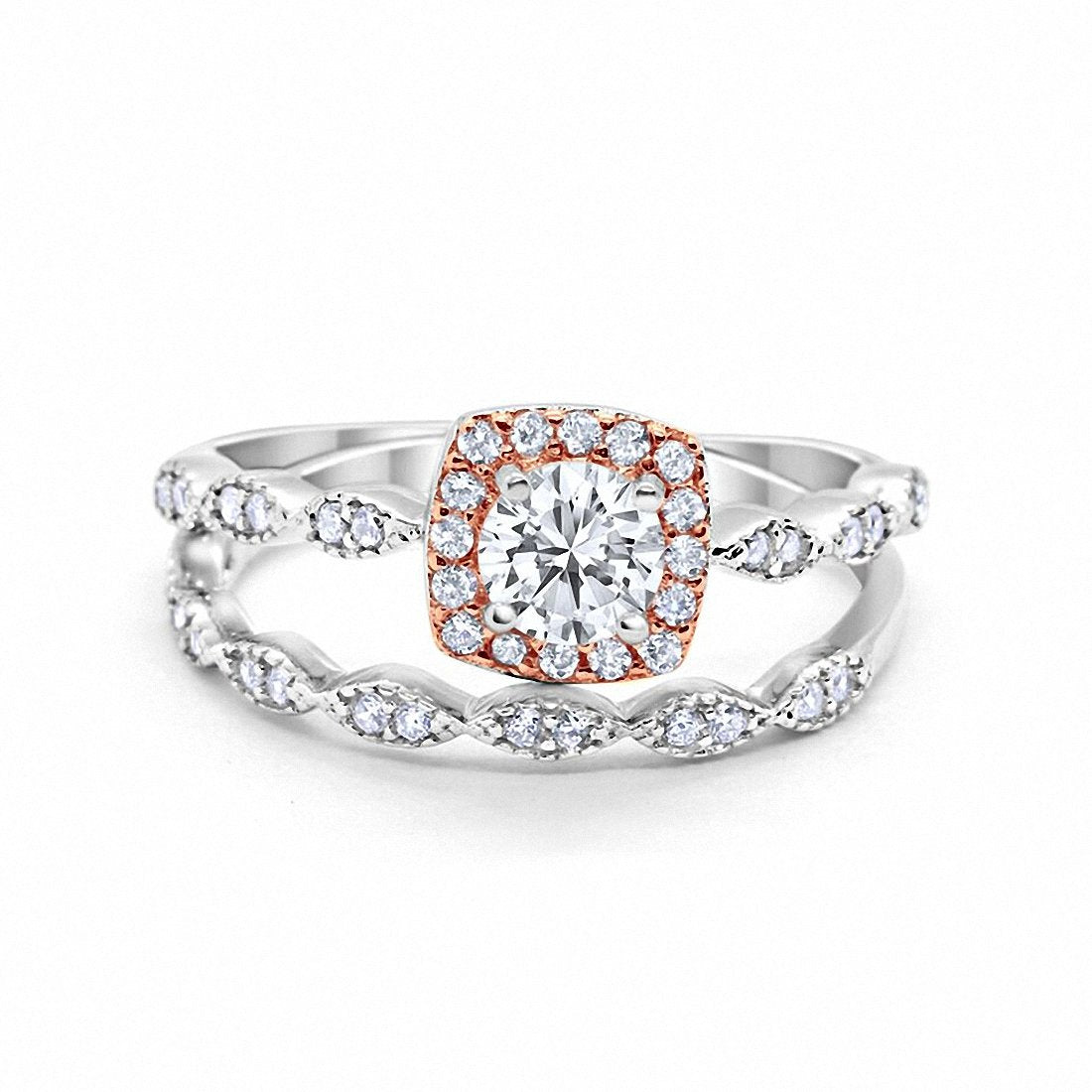 Art Deco Bridal Set Piece Ring Two Tone Round Simulated CZ