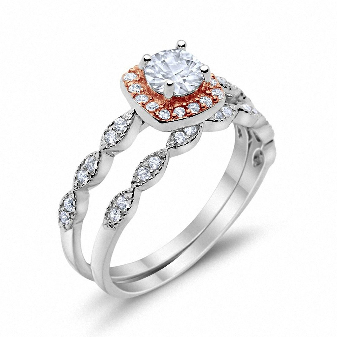 Art Deco Bridal Set Piece Ring Two Tone Round Simulated CZ