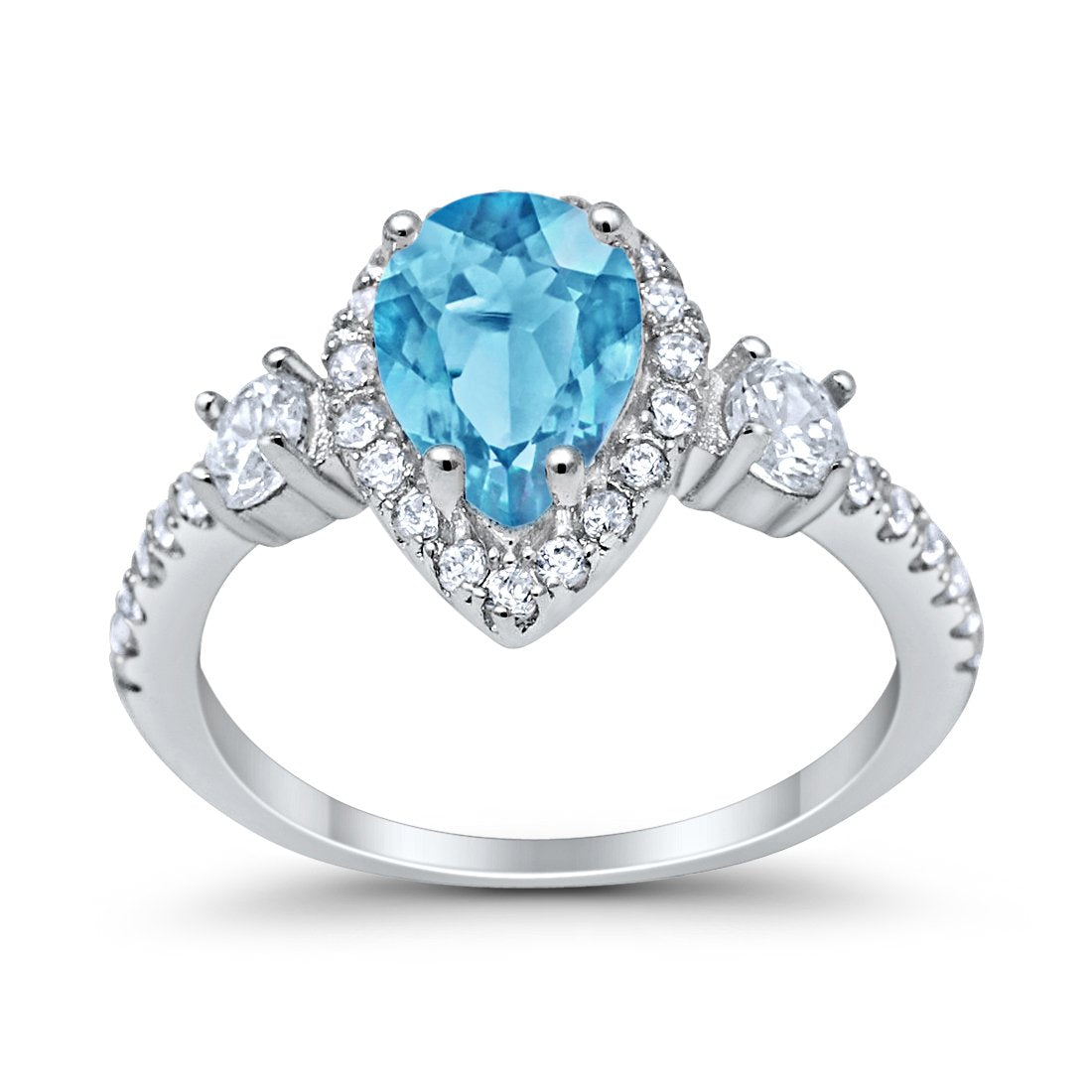 3-Stone Teardrop Pear Simulated Aquamarine CZ Ring