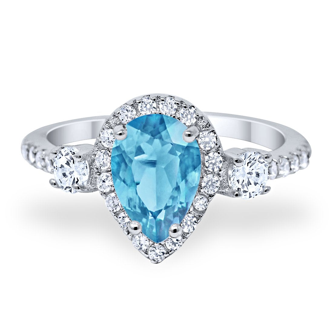 3-Stone Teardrop Pear Simulated Aquamarine CZ Ring