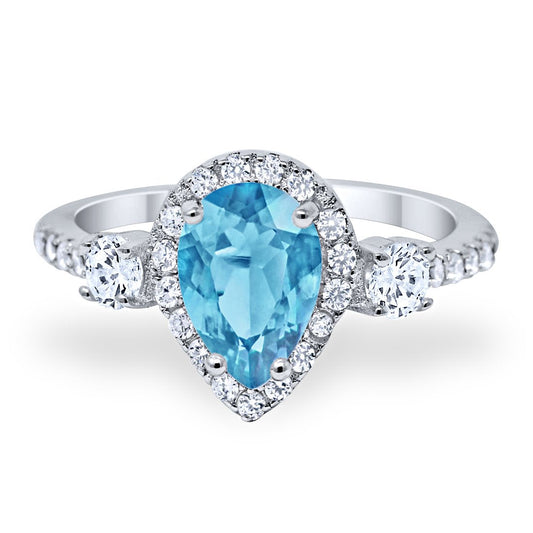 3-Stone Teardrop Pear Simulated Aquamarine CZ Ring