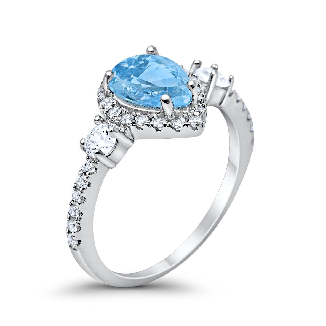 3-Stone Teardrop Pear Simulated Aquamarine CZ Ring