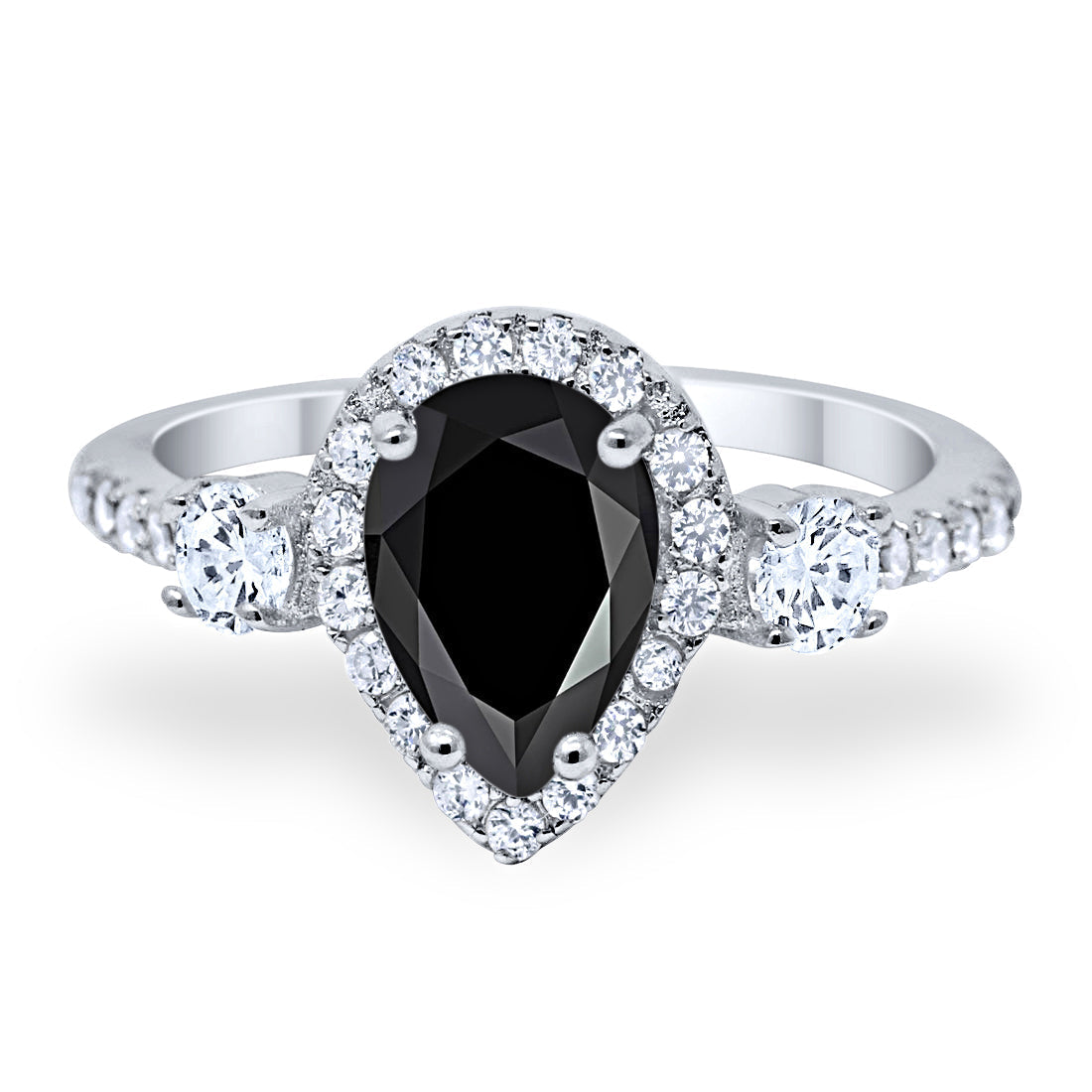 Three Stone Halo Teardrop Fashion Ring Pear Simulated Black CZ