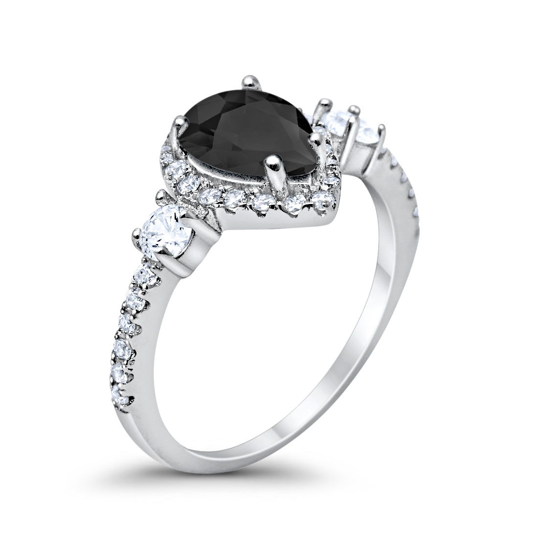 Three Stone Halo Teardrop Fashion Ring Pear Simulated Black CZ